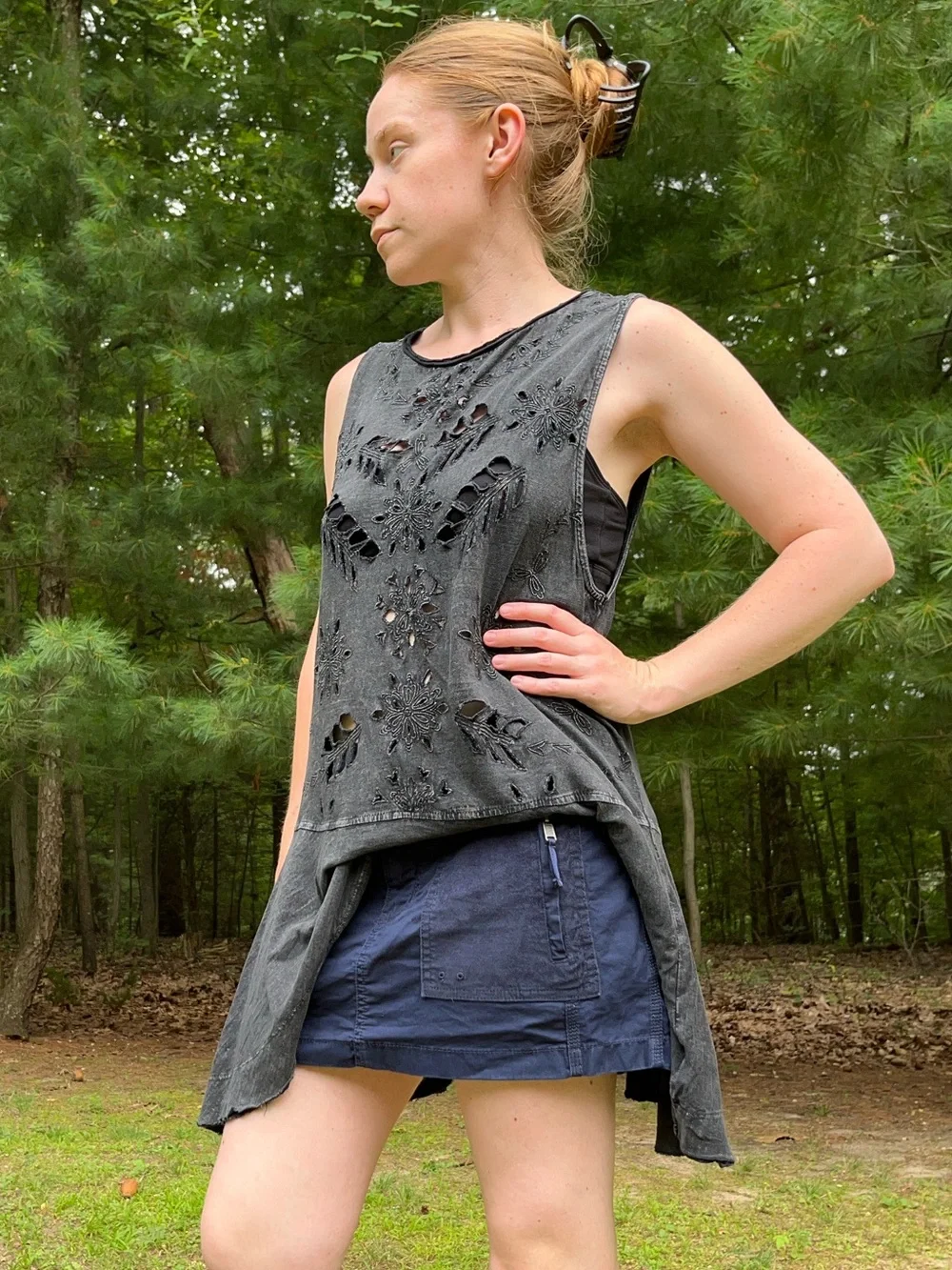 Free People Drop Waist Cut-Out Mini Dress Peplum Size M Gray Boho Indie Sleaze